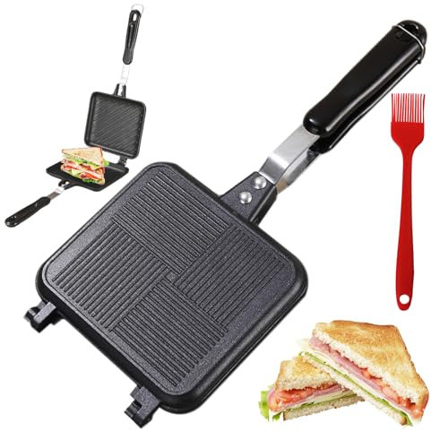 GOEDCH Aluminium Doppelseitige Bratpfanne: Hot Sandwich Maker Pan, Toastpfanne mit Hitzebeständigem Griff, Antihaftbeschichtung Sandwich Panini Maker für Haus, Küche Nicht für Induktionsherd Geeignet