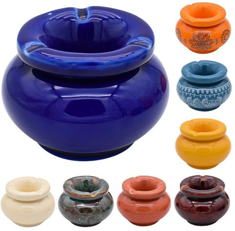 Murago - Aschenbecher Keramik Moroccan - Blau - für draussen mit Deckel Outdoor rund Tischaschenbecher Garten Balkon Ascher Windaschenbecher