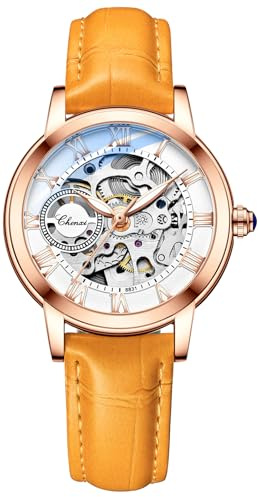MASTOP Montre saphir pour femme avec mécanisme automatique steampunk à remontage automatique Bracelet doré squelette bracelet en cuir pour femme Famale, Orange/doré