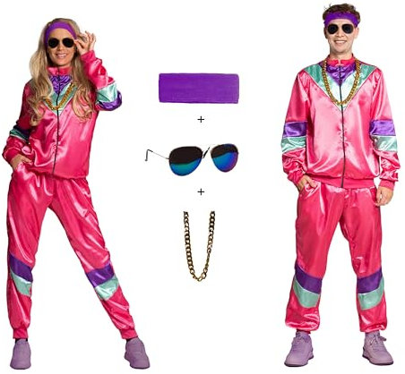 Partychimp Disco Trainingsanzug Kostüm, 80er Jahre Outfit Damen und Herren, Jogginganzug Karneval Retro Shell Suit Unisex, Rosa - Jacke, Hose, Stirnband, Kette und Brille - Größe M