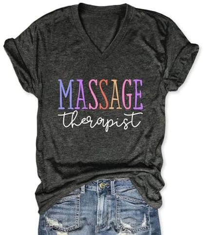 Womens V Neck Funny Massage Therapist T-Shirt Massage Therapy Graphic Tees Casual Summer Printed Short Sleeve Tops Grey