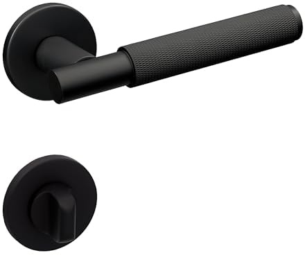 Gavroche Maniglie per porte interne nere opache, set WC/bagno, maniglie per porte interne | Maniglia per porta della stanza con rosette rotonde in alluminio a forma di L e superficie strutturata
