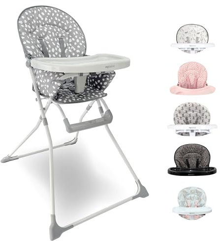 My Babiie MBHC1 Compact Highchair – Ultra Lightweight (5kg), Foldable, Easy Clean, Padded Seat, Footrest, Tray Cup Holder, for Toddler, from 6 Months to 3 Years (15kg) – Grey Dalmation