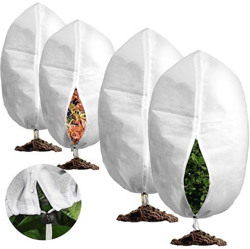 BAVATEE Housse Hivernage Plante, Lot de 4 Voile Hivernage Plante Exterieur avec Fermeture Éclair et Cordon de Serrage, 70g/m² Housses de Protection pour Plantes, Réutilisable (60x80cmx2 + 80x100cmx2)