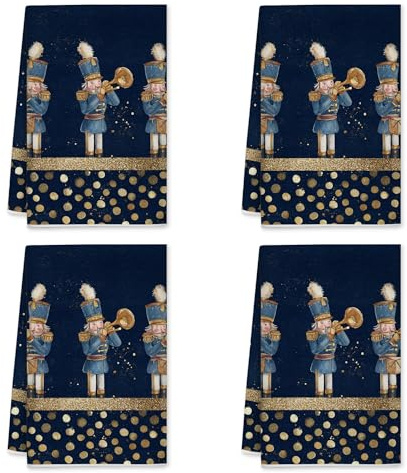 Nutcracker Kitchen Towels, Christmas Festive Gold Dots Blue Background Xmas Navy Blue Absorbent Soft Hand Dish Towels Coffee Bar Decor 16x24 Inch (Set of 4)