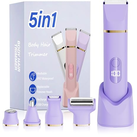Épilateur Bikini 5-en-1 pour Femmes, Rasoir Électrique Corporel sans Fil Étanche IPX7, 5 Têtes Interchangeables pour Épilation Visage, Jambes et Zone Intime, Lame Céramique, Recharge USB - Violet