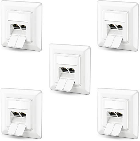 deleyCON 5x CAT6a Network Socket 2x RJ45 Sockets Shielded Flush-Mounted Installation 10 Gbit Ethernet Network LAN Socket Patch Network Installation Cable White