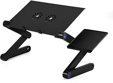 Dioche Laptop-Ständer, zusammenklappbar, verstellbarer Laptop-Tisch aus Aluminium, Schreibtisch mit Maushalterung und 2 Kühlventilatoren für Bett Sofa (schwarz)