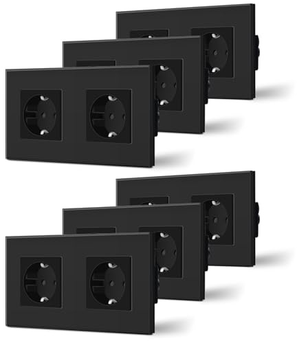 BSEED Schuko Steckdose 6er Pack, 16Amp AC Power Kristallglas Platte, 2 Fach Unterputzdose Steckdose, 157mm Doppelt Schutzkontaktbuchse Wandsteckdose Schwarz