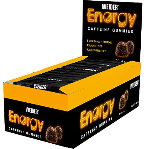Weider Energy Caffeine Gummies. Gominolas con cafeína. Te ayudan a obtener energía y aumentar el enfoque mental. Con guaraná, taurina y vitaminas (B y C). Sin azúcar. Libre de alérgenos.