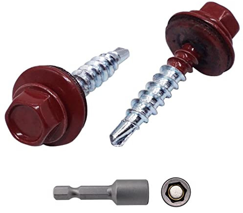 Confezione da 50 viti per coperture in metallo, viti autoperforanti verniciate da 4,8 x 35 mm, con rondelle EPDM, vite esagonale per lamiera (50, rosso ossido RAL 3009)