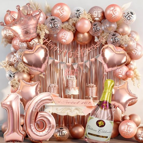 VICTERR Set di decorazioni per il 16° compleanno per ragazze, oro rosa, 16 pezzi, con festone di compleanno, palloncini, striscione Happy Birthday