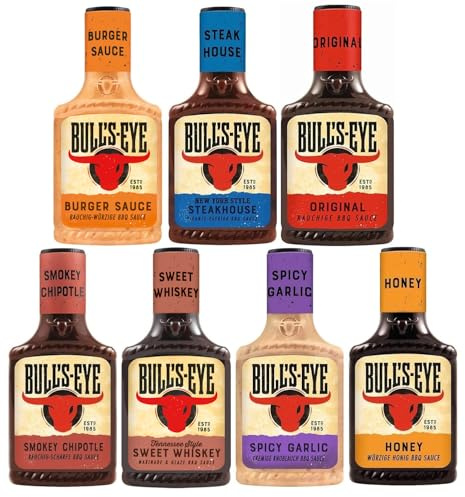 Bull's Eye Barbecue Grill Saucen Probier-Set 7 Sorten je 300ml | 7 verschiedene BBQ-Saucen je 300 ml, für Grillgerichte, Marinaden, Dips und pikante Vorratsauswahl zum Probieren