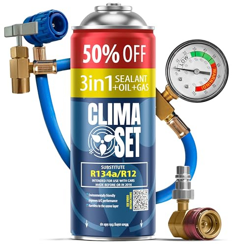 ClimaSet Recambio gas R134a R12 3in1 con manguera y adaptador manometro – Kit recarga aire acondicionado coche 1x235 g - Sustituto del refrigerante - Gas aire acondicionado coche - ECO