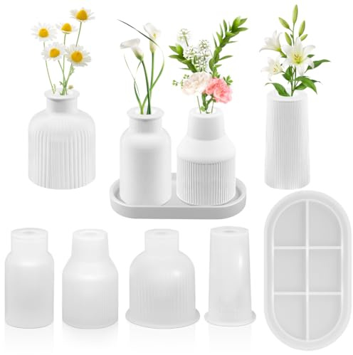 5 Stück Silikonform Vase, Gießformen Silikon, 4 Vasen + 1 Paletten, Gießform für Blumentopf, DIY Resin Formen, Epoxidharz Moulds