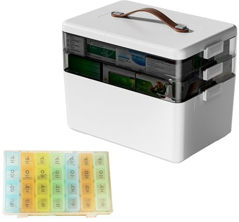aichilra Boîte Pharmacie 3 Niveaux Grande Capacité, Boîte Médicaments Rangement avec Poignée, Armoire Pharmacie Portable avec Organisateur Pilules 7 Jours, Rangement Médicament Maison 34×25,5×22 cm