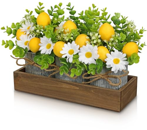 3er-Set Kleine Kunstpflanze Zitronen im Verzinkten Töpfen Kunst Zitronenpflanzen mit Holztablett Tischdekoration Wohnzimmer für Hochzeit Blumenarrangement Fensterbank Deko und Schlafzimmer Deko