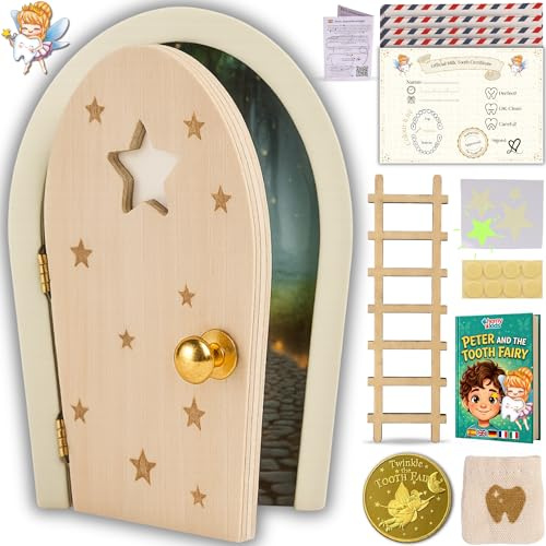HOMYKIDS® Magische Zahnfee Tür aus Holz mit Zauberhaftem Hintergrund – Leuchtet im Dunkeln – Zahnurkunden + Münze + Leiter + Zahnbeutel + Fluoreszierende Stern-Sticker + KOSTENLOSES E-BOOK