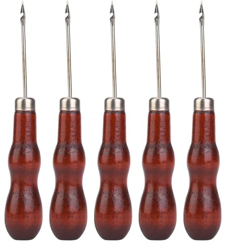 Tissting Wooden Handle Awl Tool, Sewing Punch Stitching Awl for Leather Craft Shoe Repair Bag Making Paper DIY, 5PCS Wood Handle Awl Set with Ergonomic Design