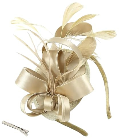 KxrTpx Gold Fascinator, Fascinators for Weddings, Feather Headpiece with Fascinator Clip, Small Fascinator Hat for Women, Wedding Hats and Fascinators, Champagne Design