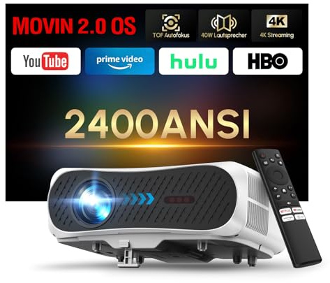 4K Beamer Smart TV mit 2 HDMI/USB, WLAN, Bluetooth, 76W Lautsprecher, Kompatibel mit Dolby Audio, Netflix,LED Video Projektor Tageslicht 2400ANSI, MEMC, eARC/CEC, HDR10, RJ45 LAN Netzwerk, Autofokus