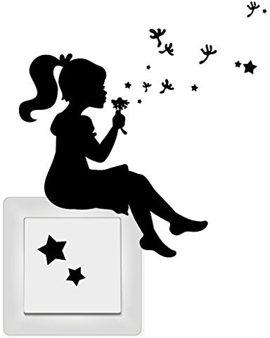 Wandtattoo Loft Aufkleber „Mädchen mit Pusteblume, Pollen und Sternen“ für Lichtschalter, Steckdose oder Wand/Aufkleber/Sticker/Wandaufkleber / 54 Farben/transparent