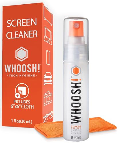 WHOOSH! Bildschirmreiniger Spray Go für Laptop, MacBook, Handy, iPad - 30ml Brillenreiniger mit Mikrofasertuch, streifenfreier Display Reiniger, Nachfüllbare Flasche im Taschenformat für Unterwegs