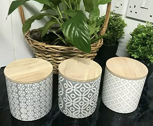 Set of 3 Embossed Tea Coffee Sugar Ceramic Canisters Kitchen Storage Jars Gift