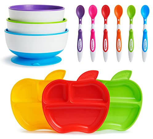 Munchkin 12 Piece Weaning Set, Includes 3 x Stay Put Suction Bowls, 3 x Little Apple Divided Plates & 6 x Soft Tip Spoons