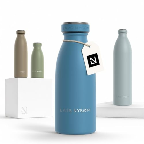 LARS NYSØM Botella de Acero Inoxidable | Botella aislada 0,35l | Cantimplora de 0,35 litros a prueba de fugas para deportes, bicicleta, perro (Calypso Blue, 350ml)