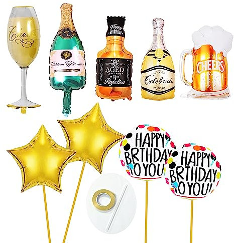 8 Wine Bottle Balloons With Helium Foil, Champagne and Beer Party Decorations - Includes Blow Tube and Rolled Ribbon