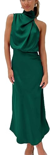 Vestidos De Seda Satinada para Mujer, Vestidos Sexis De Fiesta De Noche Sin Mangas con Hombros Descubiertos, Vestidos Largos Elegantes para Mujer De Verano,Verde Oscuro,S