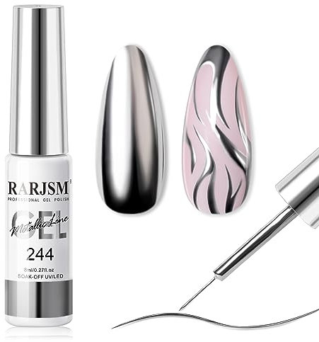 RARJSM Metallic Silver Nail Art Gel Liner Mirror Chrome 3D Effect 8ml Build in Thin Brush Metal Painting Drawing Striper Thin Brush Gel Polish Soak off UV LED Curing Requires for Home Salon Design