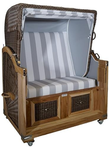 Strandkorb Teak Koboo, grau/weiß PVC, 2 Sitzer Voll-Liegemodell