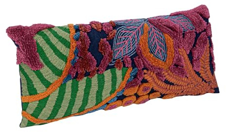 Creative Co-Op Embroidered Fabric Indoor/Outdoor Lumbar Pillow with Botanicals and Tufting, Multicolor
