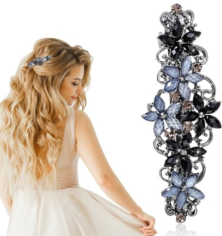 WLLHYF Blomma hårspännen, vintage strass stil barrättor, lyx smycken design hårnål, metall vår hårklämma clips, hårtillbehör för kvinnor flickor (svart blå)