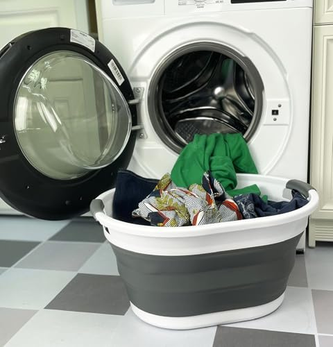 SAMMART Zusammenklappbarer ovaler Wäschekorb aus Kunststoff – Faltbarer Pop-Up-Aufbewahrungsbehälter/Organizer – Tragbare Waschwanne – Platzsparender Wäschekorb (Weiß/Stahlgrau, 32L)