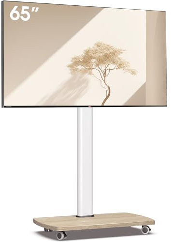 AOKCOS TV Ständer Rollbar mit Holzablage, Fernsehständer auf Rollen für 32-65 Zoll Fernseher, TV Bodenständer Höhenverstellbar Schwenkbar, bis 40 kg Max. VESA 400x400mm (Weiß+Natur)