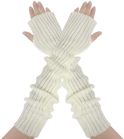 AUYAO Gants Sans Doigts Tricotés Gants Chauds d'Hiver pour Femmes, Mitaines D'hiver Sans Doigts Moufles Poignets, Gants de Bras Plus Chauds avec Trou pour le Pouce Unisexe(Blanc-50cm)