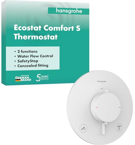 hansgrohe Ecostat Comfort S - Termostat för inbyggnad, Termostatblandare med säkerhetsspärr (SafetyStop) vid 40° C, Badrumsblandare för 2 funktioner, matt vit, 33715700