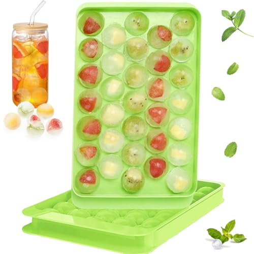 2 Pack Mini Eiswürfelform, 66 Stk Runde Bälle Eiswürfel, EiswüRfelbehäLter BPA Frei mit Deckel, Ice Cube Tray Mold, Runde Eiswürfelform für Eis, Cocktail, Whiskey, Kaffee, und Tee (Grün)