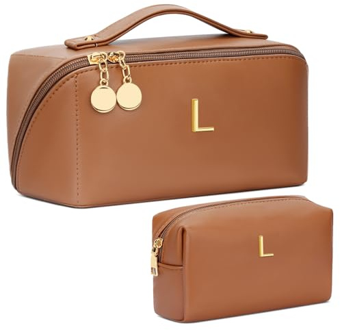 CLOUDWINGS Birthday Gifts for Women Teen Girl, Personalized Initial Makeup Organizer Bag Set, Open Flat Travel Cosmetic Bag With Clear Divider and Handle(Brown,L)