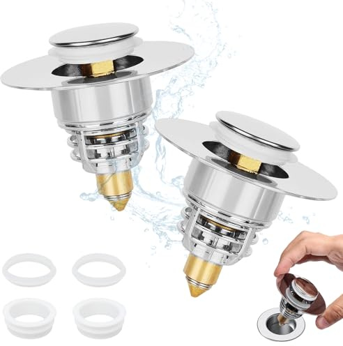 Juego de 2 tapones universales para lavabo, 32 – 40 mm, resistente al agua, con núcleo de rebote de latón de alto rendimiento para cierre instantáneo, flujo óptimo y antiobstrucción, inoxidable