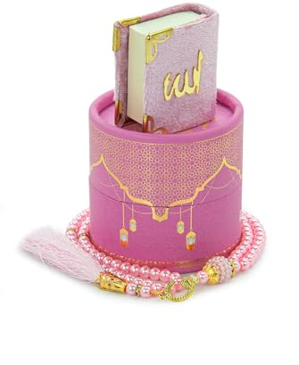 ihvan online, islamisk bön cylinder presentförpackning med elegant sammet täckt mini koran & bönpärlor Tesbih, islamisk gåva för ramadan & mawlid & Eid, rosa