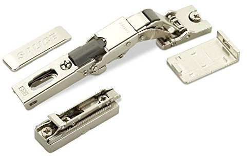 2 x Salice Universalscharnier Push Open mit Negativfeder für Glastür oder Spiegeltür 110° mit Linear-Montageplatte Höhe 6 mm mit Euroschrauben, Exzenterverstellung, Möbelscharniere mit Abdeckkappen