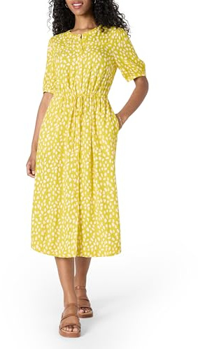 Amazon Essentials Women's Relaxed-Fit Half-Sleeve Breathable Button-Front Drawstring Waist Midi A-Line Dress with Pockets