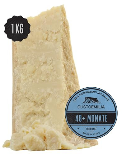 GUSTOEMILIA Parmigiano Reggiano Di Montagna 48 Mesi di Stagionatura - Ideale per Pasta, Pane, Insalate, Stuzzichini e Frutta - Formaggio Stagionato Italiano 1Kg