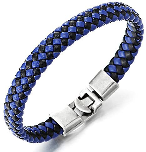 COOLSTEELANDBEYOND Uomo Donna Braccialetto di Nero Blu Pelle Intrecciata, Uomo Braccialetto di Cuoio Intrecciato, Annata Gancio Chiusura