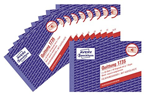AVERY Zweckform 1735-10 Quittungsblock (A6 quer, 2x40 Blatt, selbstdurchschreibend, fälschungssicherer Dokumentendruck, für Beträge über mit separater MwSt., für DE/AT) 10er-Pack, weiß/gelb