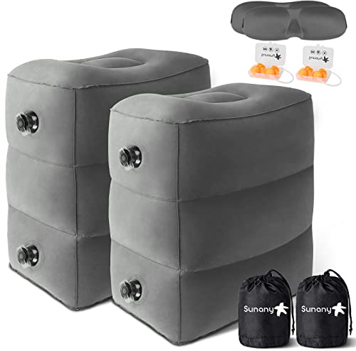 Sunany Inflatable Foot Rest Pillow for Airplane - Kids/Adults - Adjustable Height Cushions, to Sleep While Traveling,Suitable for Office,Home and Any Travel（Dark Grey,2 Pack）
